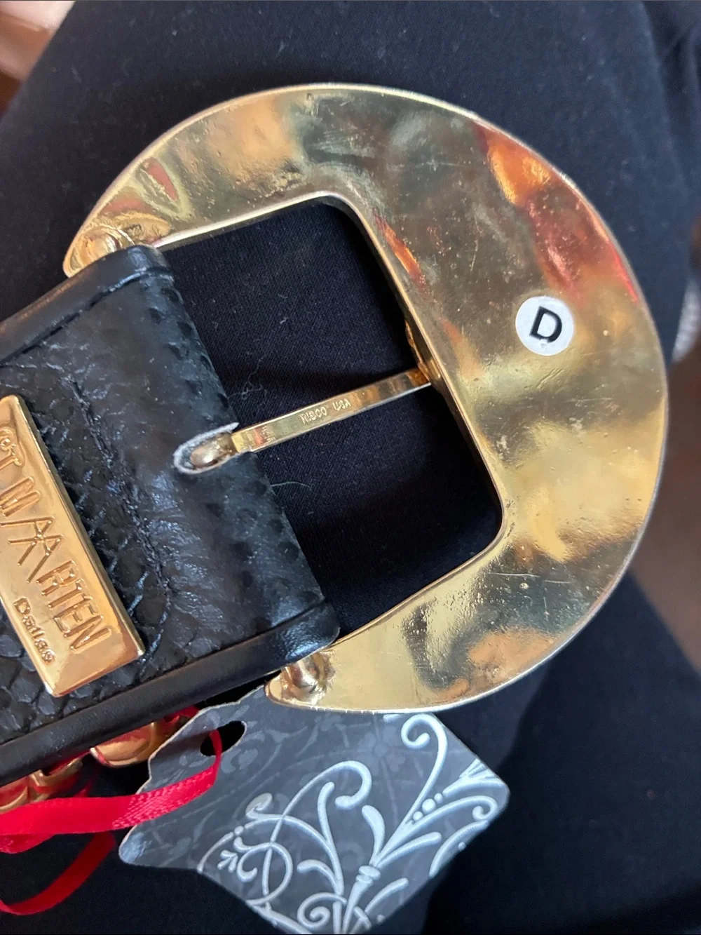 Vintage Black Leather Belt with Gold Tone Buckle and Rhinestone Accents